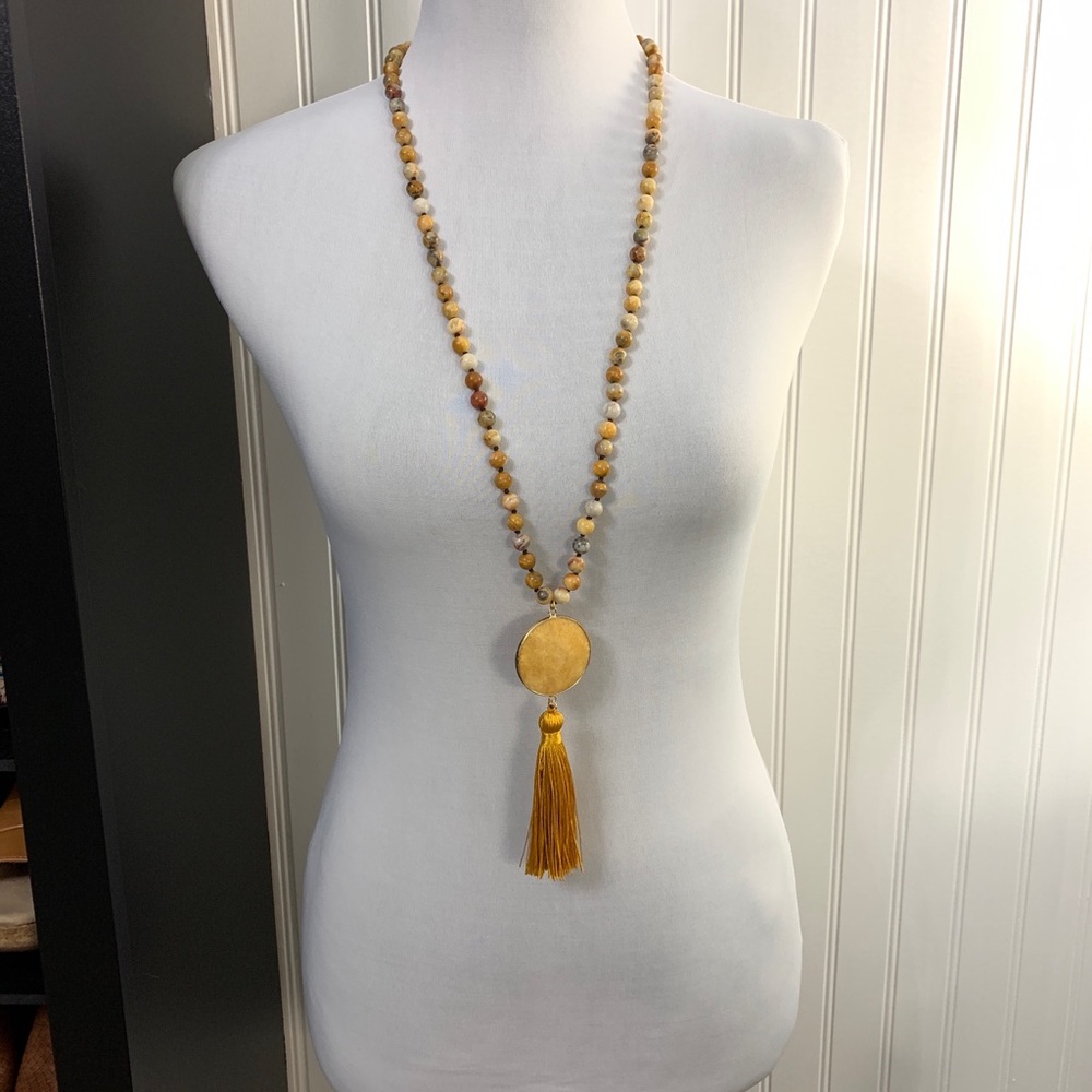 34 Inch Long Beaded Necklace Gold Yellow Tassel